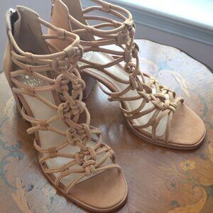 Vince Camuto Karika Knotted Tan Leather High Heeled Zip Back Sandal Sz 8.5